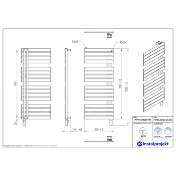 Grzejnik elektryczny (suszarka) INSTAL-PROJEKT POP STAR ELECTRO, wym. 1190 (1295 z grzałką)/500 mm, kolor biały połysk, moc 600 W