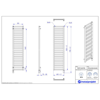 Grzejnik elektryczny (suszarka) INSTAL-PROJEKT POPPY ELECTRO, wym. 1630 (1735 z grzałką)/400 mm, kolor czarny, moc 600 W
