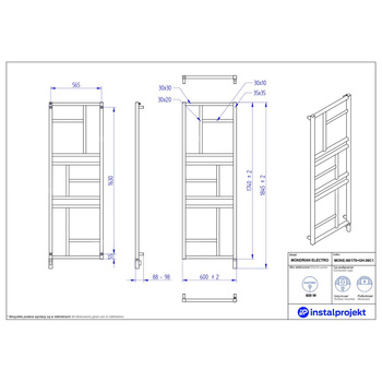 Grzejnik elektryczny (suszarka) INSTAL-PROJEKT MONDRIAN ELECTRO, wym. 1740 (1845 z grzałką)/600 mm, kolor biały mat, moc 600 W