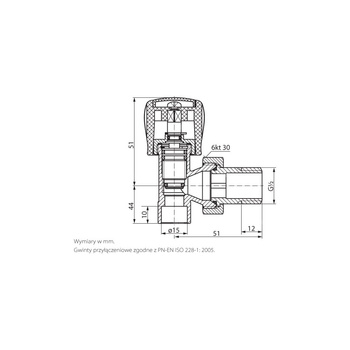 PHA-032/L G1/2xO15 (GZ) PN10 DN15 Zawór grzejnikowy K do wlutowania CuZn-C PN-M-75002