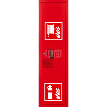 Hydrant DN 52 zawieszany boczny z koszem, z miejscem na gaśnice, wąż 20 m, zamek patent, RAL 3000 lewy