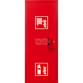 Hydrant DN 33 zawieszany boczny z miejscem na gaśnicę, wąż 30 m, ocynk fasada, zamek patent, RAL 3000 lewy