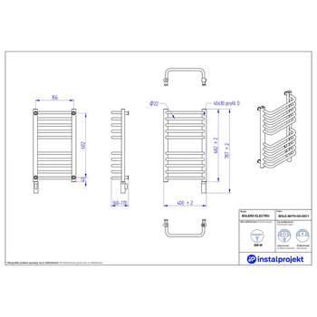 Grzejnik elektryczny (suszarka) INSTAL-PROJEKT BOLERO ELECTRO, wym. 682 (787 z grzałką)/400 mm, kolor biały połysk, moc 300 W