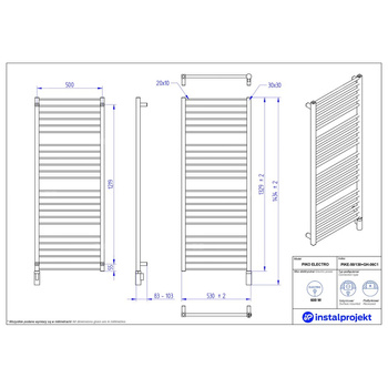 Grzejnik elektryczny (suszarka) INSTAL-PROJEKT PIKO ELECTRO, wym. 1329 (1434 z grzałką)/530 mm, kolor biały połysk,  moc 600 W