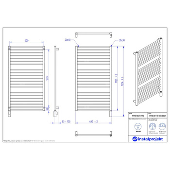 Grzejnik elektryczny (suszarka) INSTAL-PROJEKT PIKO ELECTRO, wym. 1129 (1234 z grzałką)/630 mm, kolor biały mat,  moc 600 W