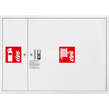 Hydrant DN 52 zawieszany z miejscem na gaśnicę obok kosza, wąż 15 m, zamek patent, RAL 9003