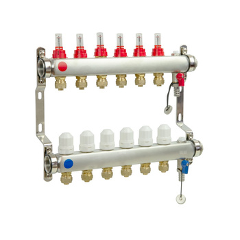 PHA-127/1/S/Z 9-obwodowy PN6 Rozdzielacz ze stali nierdzewnej do ogrzewania podłogowego z odpowietrznikiem ręcznym oraz ze złączkami 16x1/2"