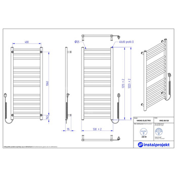 Grzejnik elektryczny (suszarka) INSTAL-PROJEKT VIKING ELECTRO, wym. 1223/530 mm, kolor czarny mat, moc 230 W