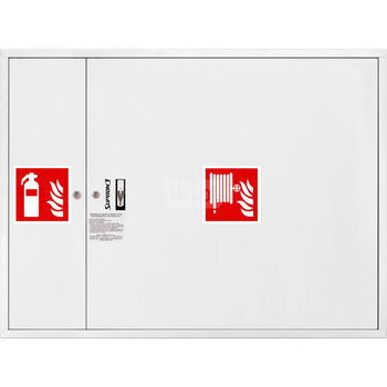 Hydrant DN 33 zawieszany z miejscem na gaśnicę obok zwijadła, wąż 30 m, ocynk fasada, zamek patent, RAL 9003