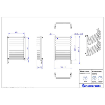 Grzejnik elektryczny (suszarka) INSTAL-PROJEKT BOLERO ELECTRO, wym. 682 (787 z grzałką)/500 mm, kolor biały połysk, moc 300 W