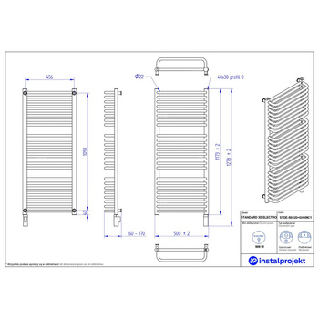 Grzejnik elektryczny (suszarka) INSTAL-PROJEKT STANDARD 3D ELECTRO, wym. 1173 (1278 z grzałką)/500 mm, kolor biały połysk, moc 900 W