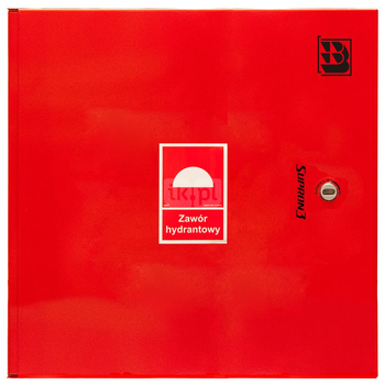 Dwa zawory hydrantowe typ ZH-52 wraz z obudową. Szafka ochronna 550. Szafka zawieszana, Znak B, zamek OTS, kolor RAL 3000