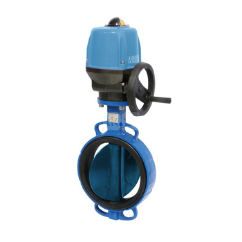 Przepustnica bezkołnierzowa SYLAX z napędem elektr. on/off SOCLA seria V 24V AC/DC, IP68, dysk: GGG40 epoksyd., wykładzina: EPDM, korpus: GG25 epoksyd., Pnom 0,6 MPa, tmax=120 st.C