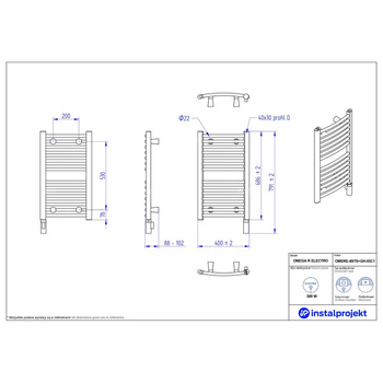 Grzejnik elektryczny (suszarka) INSTAL-PROJEKT OMEGA R ELECTRO, wym. 686 (791 z grzałką)/400 mm, kolor biały połysk,  moc 300 W