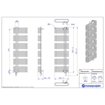 Grzejnik elektryczny (suszarka) INSTAL-PROJEKT ASTRO ELECTRO, wym. 1610 (1715 z grzałką)/500 mm, kolor czarny mat, moc 1200 W