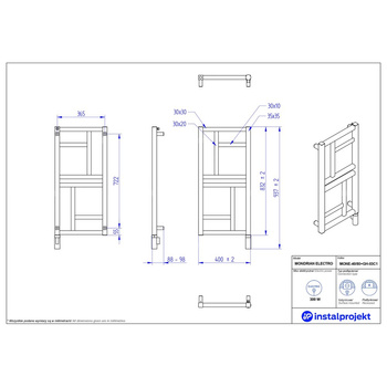 Grzejnik elektryczny (suszarka) INSTAL-PROJEKT MONDRIAN ELECTRO, wym. 832 (937 z grzałką)/400 mm, kolor czarny mat, moc 300 W