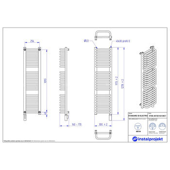 Grzejnik elektryczny (suszarka) INSTAL-PROJEKT STANDARD 3D ELECTRO, wym. 1173 (1278 z grzałką)/300 mm, kolor biały połysk, moc 600 W