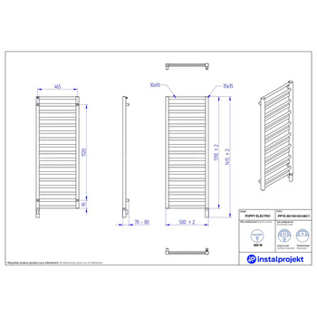 Grzejnik elektryczny (suszarka) INSTAL-PROJEKT POPPY ELECTRO, wym. 1310 (1415 z grzałką)/500 mm, kolor biały mat, moc 600 W