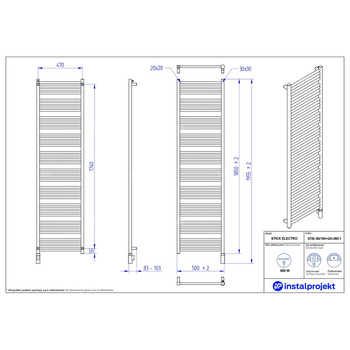 Grzejnik elektryczny (suszarka) INSTAL-PROJEKT STICK ELECTRO, wym. 1850 (1955 z grzałką)/500 mm, kolor biały mat, moc 900 W
