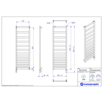 Grzejnik elektryczny (suszarka) INSTAL-PROJEKT BELTI ELECTRO, wym. 1573 (1678 z grzałką)/500 mm, kolor czarny,  moc 600 W