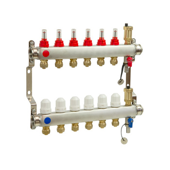 PHA-127/Z 13-obwodowy PN6 Rozdzielacz ze stali nierdzewnej do ogrzewania podłogowego z odpowietrznikiem automatycznym i złączkami 16x1/2"