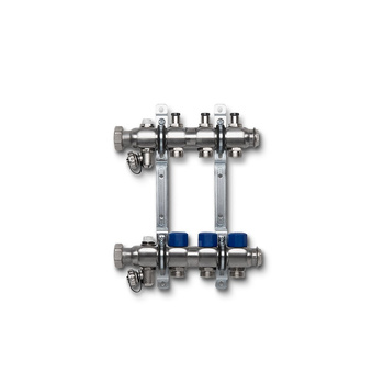 Rozdzielacz ze stali nierdzewnej. Wkładki termostatyczne na powrocie, uchwyt ścienny i zawór spustowy. 8