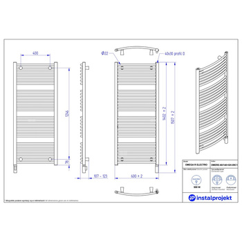 Grzejnik elektryczny (suszarka) INSTAL-PROJEKT OMEGA R ELECTRO, wym. 1402 (1507 z grzałką)/600 mm, kolor biały połysk,  moc 900 W