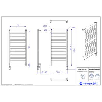 Grzejnik elektryczny (suszarka) INSTAL-PROJEKT FRAME ELECTRO, wym. 1075 (1180 z grzałką)/500 mm, kolor czarny mat, moc 600 W