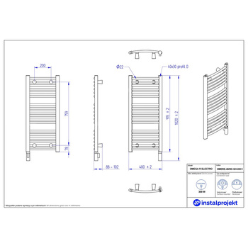 Grzejnik elektryczny (suszarka) INSTAL-PROJEKT OMEGA R ELECTRO, wym. 915 (1020 z grzałką)/400 mm, kolor biały połysk,  moc 300 W