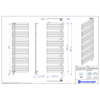 Grzejnik elektryczny (suszarka) INSTAL-PROJEKT POP STAR ELECTRO, wym. 1820 (1925 z grzałką)/600 mm, kolor biały połysk, moc 900 W