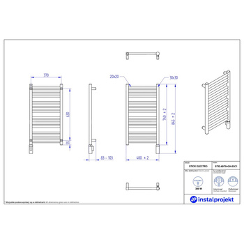 Grzejnik elektryczny (suszarka) INSTAL-PROJEKT STICK ELECTRO, wym. 740 (845 z grzałką)/400 mm, kolor czarny mat, moc 300 W