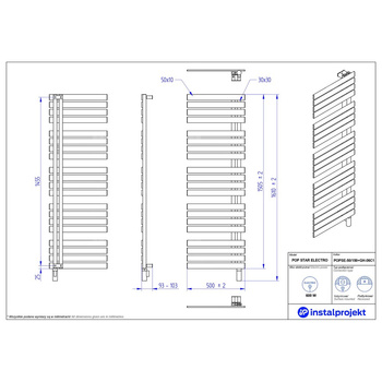 Grzejnik elektryczny (suszarka) INSTAL-PROJEKT POP STAR ELECTRO, wym. 1505 (1610 z grzałką)/500 mm, kolor biały połysk, moc 600 W