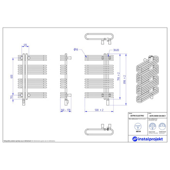 Grzejnik elektryczny (suszarka) INSTAL-PROJEKT ASTRO ELECTRO, wym. 793 (898 z grzałką)/500 mm, kolor biały mat, moc 600 W