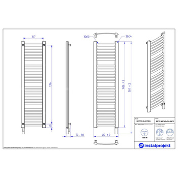 Grzejnik elektryczny (suszarka) INSTAL-PROJEKT RETTO ELECTRO, wym. 1436 (1541 z grzałką)/412 mm, kolor biały połysk, moc 600 W