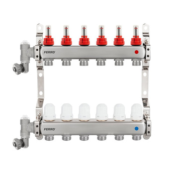 Rozdzielacz stalowy F-Comfort z zaworami termostatycznymi, przepływomierzami, ręcznym odpowietrznikiem i zaworem spustowym, 9-drogowy