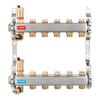Rozdzielacz 3-drogowy (do systemów c.o. i c.w.u.) z zaworami odcinającymi obwody, stal nierdzewna