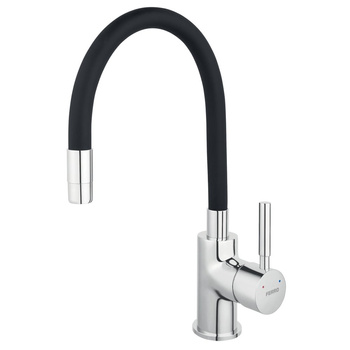 Bateria zlewozmywakowa FERRO ZUMBA INOX, kolor stal, elastyczna czarna wylewka