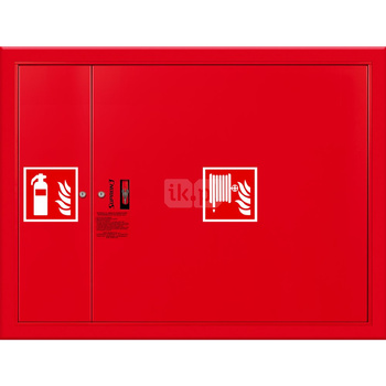 Hydrant DN 33 wnękowy z miejscem na gaśnicę obok zwijadła, wąż 20 m, ocynk fasada, zamek patent, RAL 3000