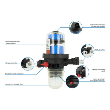 Filtr olejowy AFRISO FloCo-Top-1C Si zintegrowany z odpowietrznikiem fi 3/8'' x 3/8'' GW x GZ, z wkładem plastikowym, maks. przepływ 100 l/h