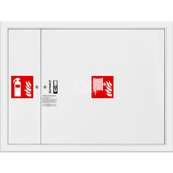 Hydrant DN 33 wnękowy z miejscem na gaśnicę obok zwijadła, wąż 20 m, ocynk fasada, zamek patent, RAL 9003