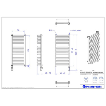 Grzejnik elektryczny (suszarka) INSTAL-PROJEKT STANDARD 3D ELECTRO, wym. 915 (1020 z grzałką)/400 mm, kolor biały połysk, moc 600 W