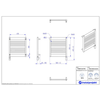 Grzejnik elektryczny (suszarka) INSTAL-PROJEKT FRAME ELECTRO, wym. 570 (675 z grzałką)/500 mm, kolor czarny, moc 300 W