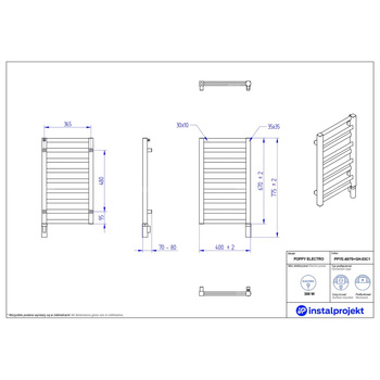 Grzejnik elektryczny (suszarka) INSTAL-PROJEKT POPPY ELECTRO, wym. 670 (775 z grzałką)/400 mm, kolor czarny mat, moc 300 W