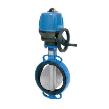 Przepustnica bezkołnierzowa SYLAX z napędem elektr. on/off SOCLA seria V 24V AC/DC, IP68, dysk: AISI316, wykładzina: EPDM, korpus: GG25 epoksyd., Pnom 1,6 MPa, tmax=120 st.C DN 100