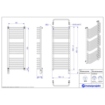 Grzejnik elektryczny (suszarka) INSTAL-PROJEKT BOLERO ELECTRO, wym. 1230 (1335 z grzałką)/500 mm, kolor biały połysk, moc 600 W