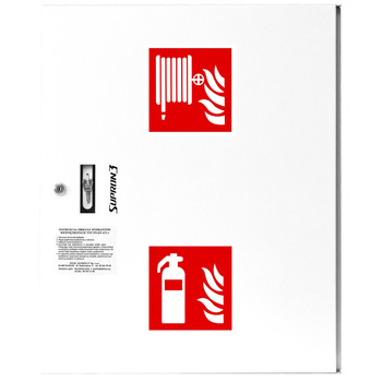 Hydrant DN 52 zawieszany z koszem, 600x500x200 mm, z miejscem na gaśnicę, wąż 15 m, zamek patent, RAL 9003