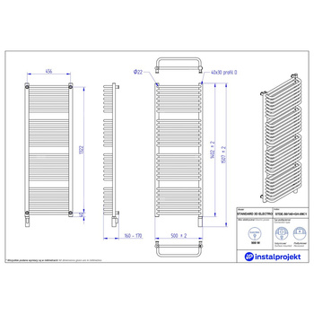Grzejnik elektryczny (suszarka) INSTAL-PROJEKT STANDARD 3D ELECTRO, wym. 1402 (1507 z grzałką)/500 mm, kolor biały połysk,  moc 900 W