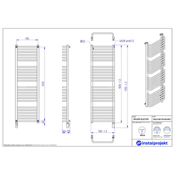 Grzejnik elektryczny (suszarka) INSTAL-PROJEKT BOLERO ELECTRO, wym. 1650 (1755 z grzałką)/500 mm, kolor biały połysk, moc 900 W