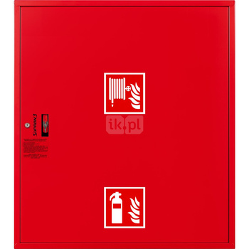 Hydrant DN 33 zawieszany z miejscem na gaśnice pod zwijadłem, wąż 20 m, ocynk fasada, zamek patent, RAL 3000