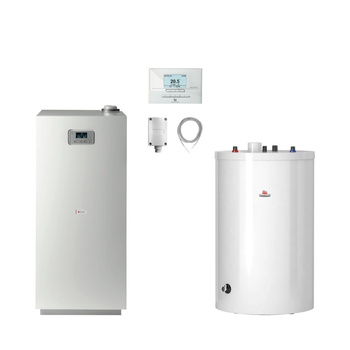 Pakiet-Kocioł gazowy jednofunkcyjny SAUNIER DUVAL Niedźwiedź Condens KKS48 kondensacyjny stojący 15.5 - 51.5kW + Czujnik temperatury zewnętrznej + Czujnik c.w.u. NTC + Regulator EXACONTROL E7C + Drugie przyłącze powrotu + Zasobnik c.w.u FE 150/6 BM